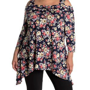 Marina Long Sleeve Floral Print Shark Bite Hem Cold Shoulder Top Plus Size 2X